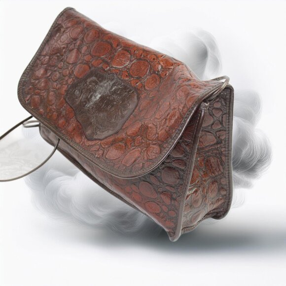 Carlos Falchi Vintage Two Tone Brown Leather Croc Embossed Convertible Shoulder - Picture 3 of 9